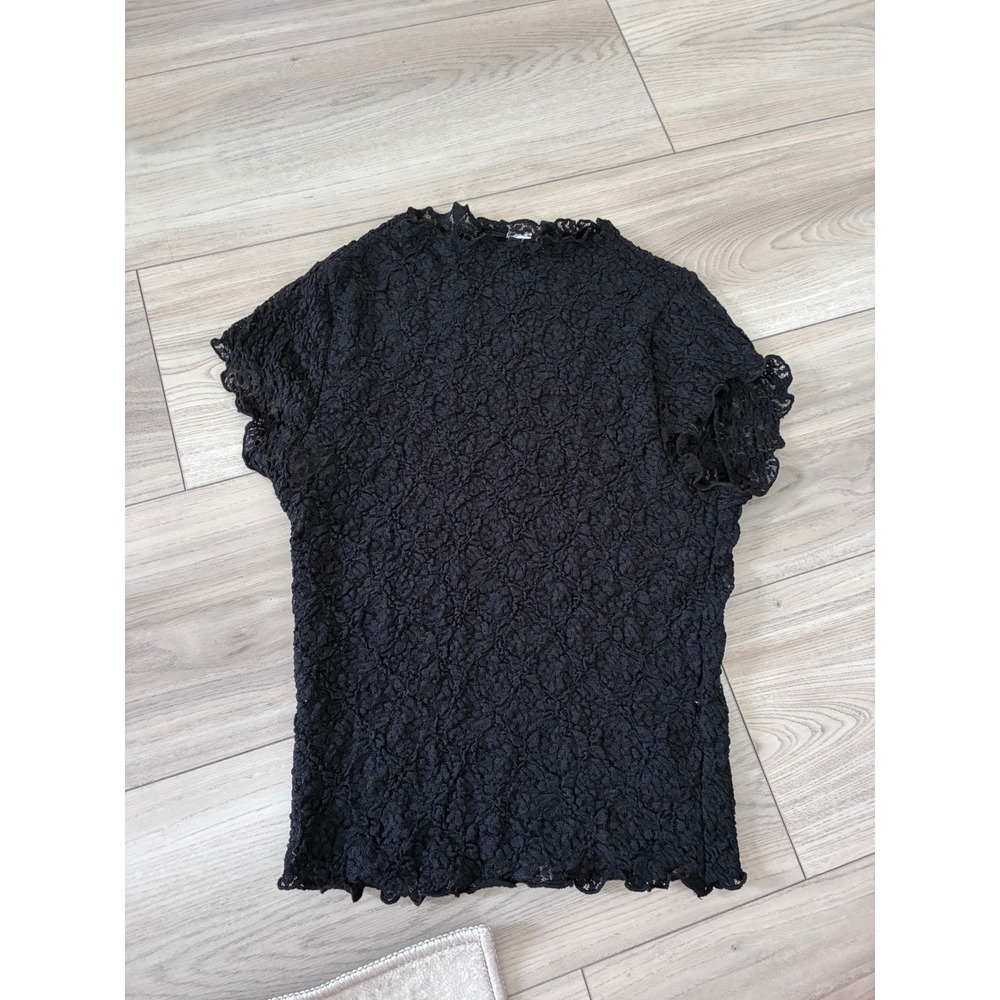 Womens Black Floral Lace Mesh Top Mock Neck Short Sleeve Lettuce Edge Small
